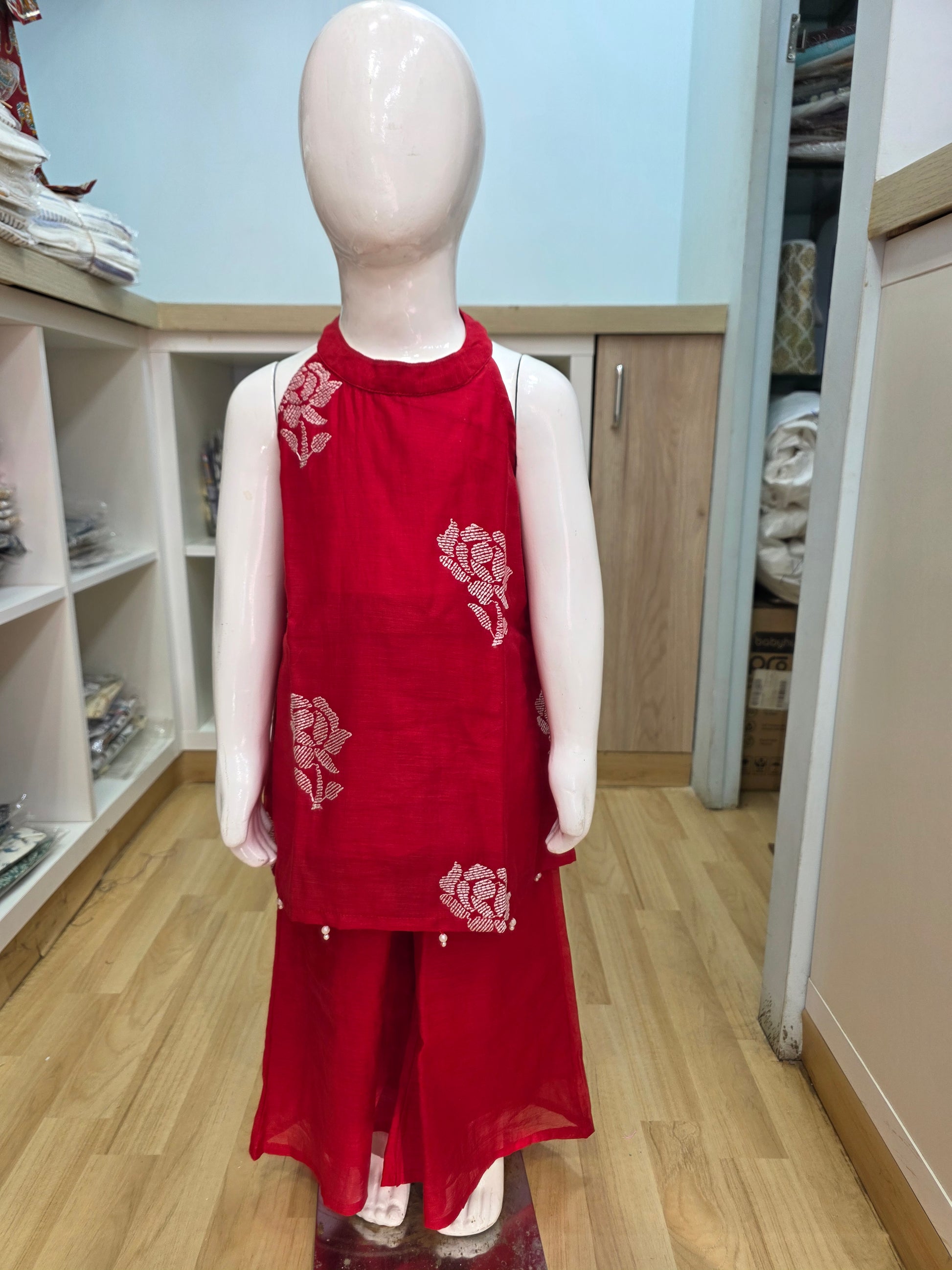 Red Rose Mul Chanderi Halter Neck Palazzo Set