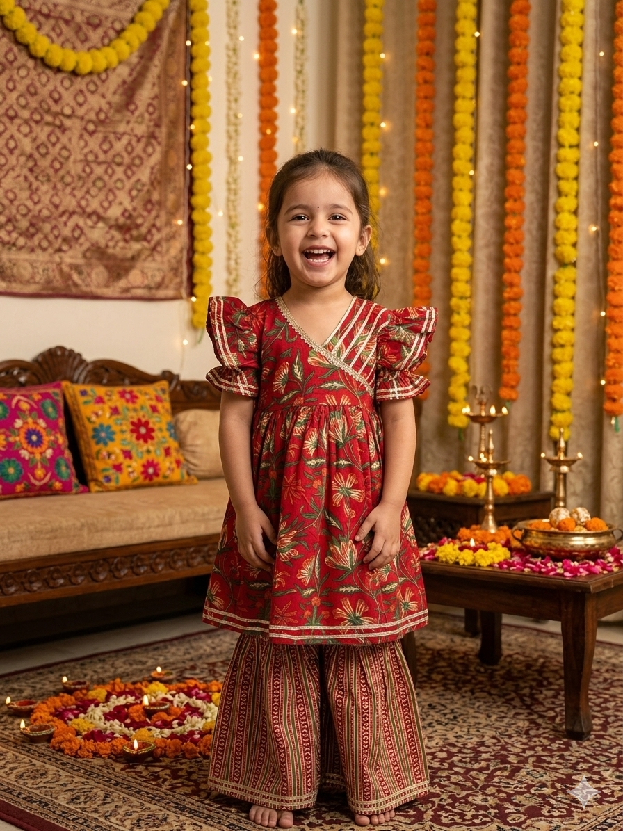 Red Floral Puffed Sleeves Sharara