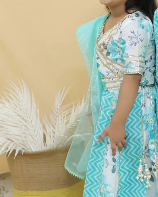 White & Aqua Lehenga with Net Dupatta