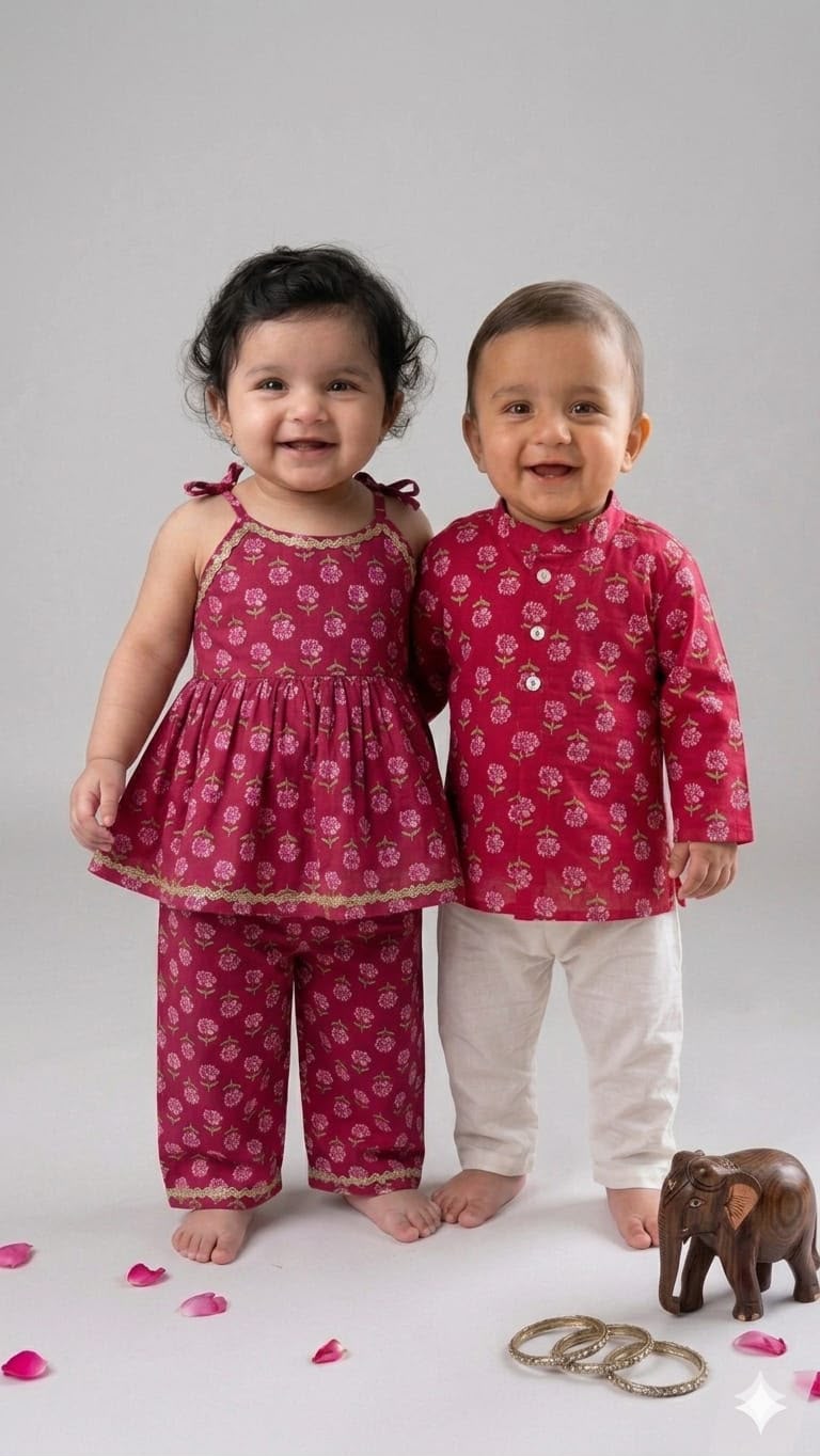Infant Twinning Red Floral Kurta Pyjama
