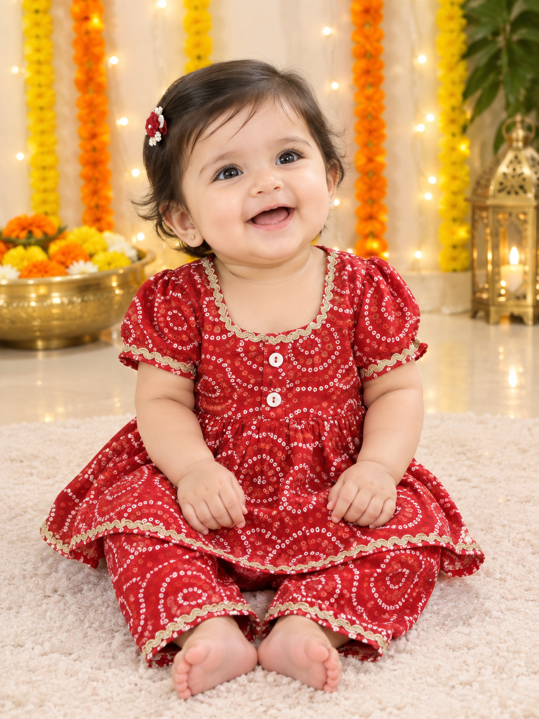 Red Bandhani Infant Kurti Pant Set