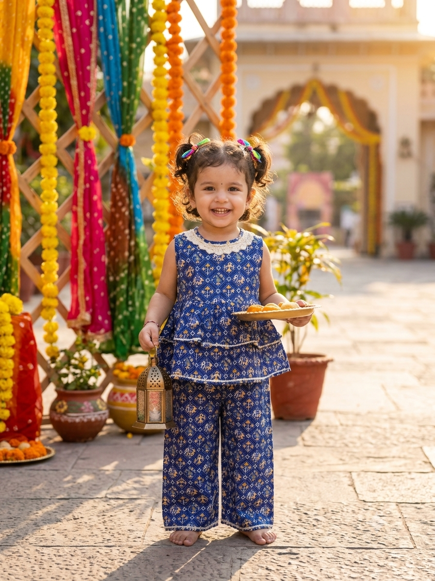 Blue Patola Elephant Straight Pant Set