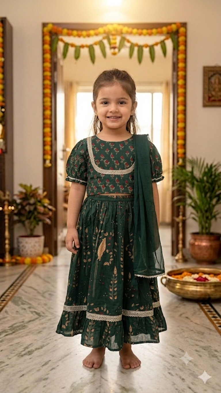 Bottle Green Bird Twinning Lehenga with Dupatta