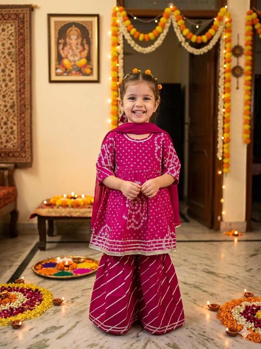 Rani Pink Bandhani Top with Leheriya Sharara and Dupatta