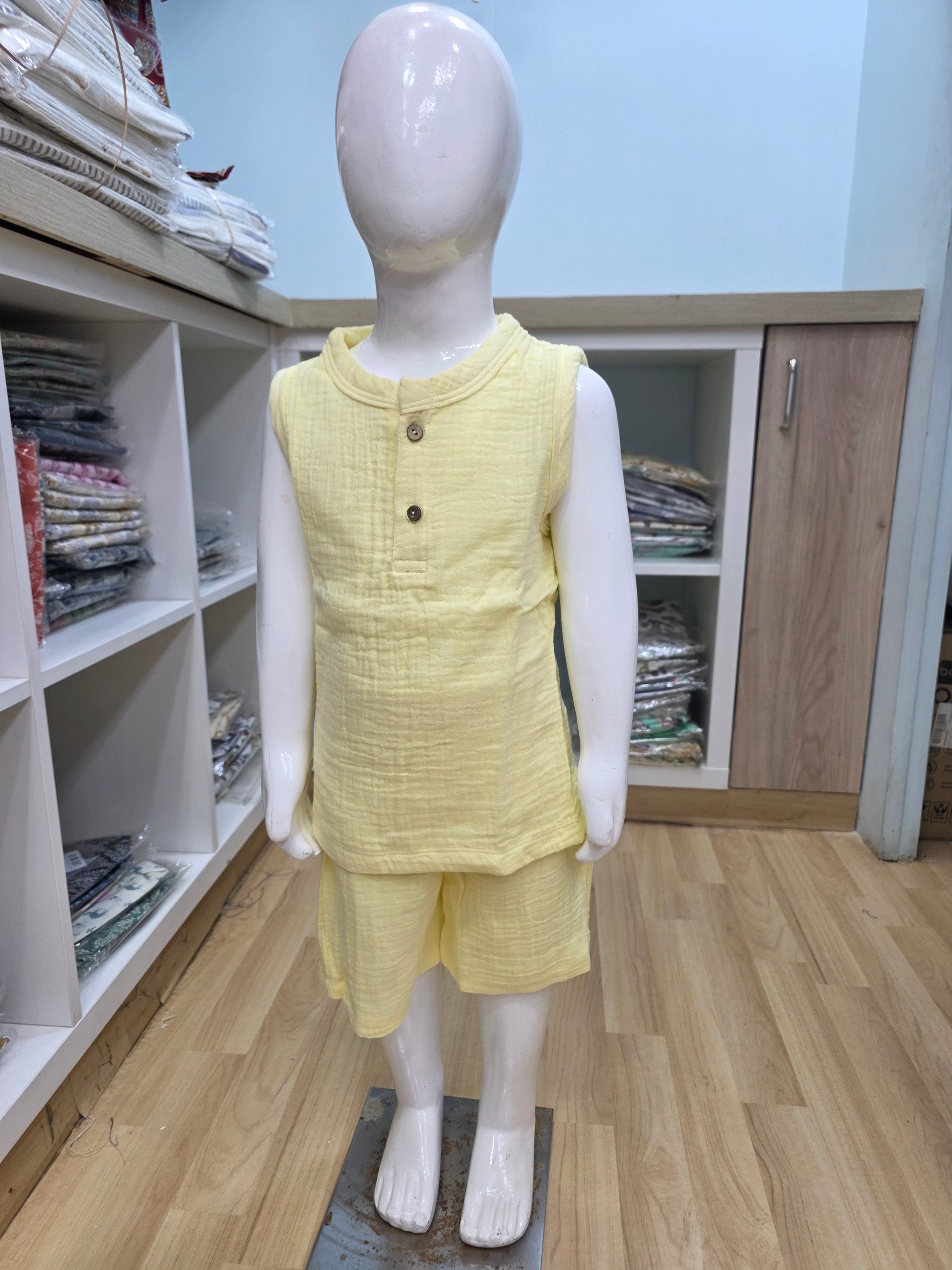 Yellow Crinkled Muslin Sleeveless Coord Set