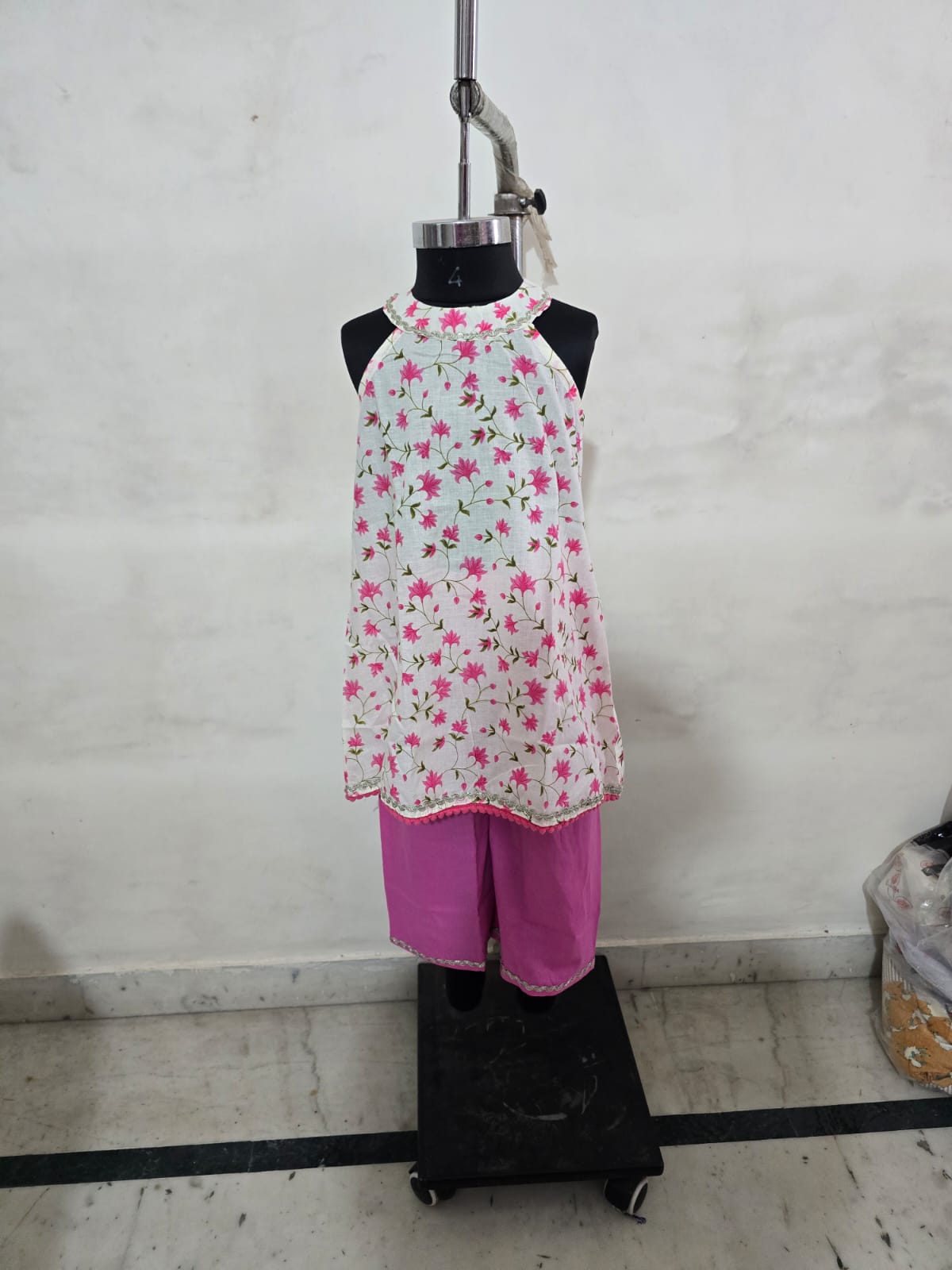 Pink Lotus Halter Neck Top With Straight Pants