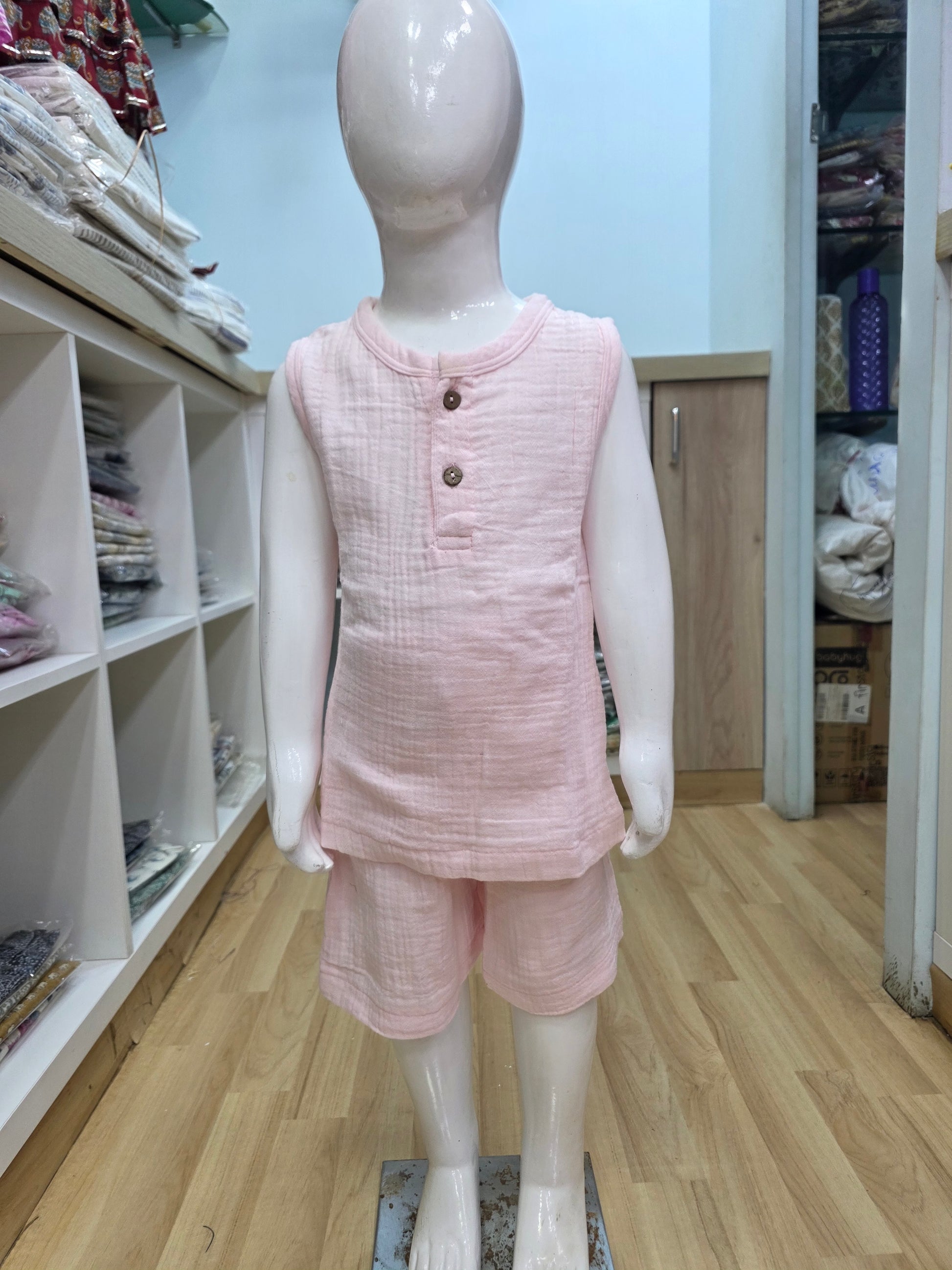 Pink Crinkled Muslin Sleeveless Coord Set