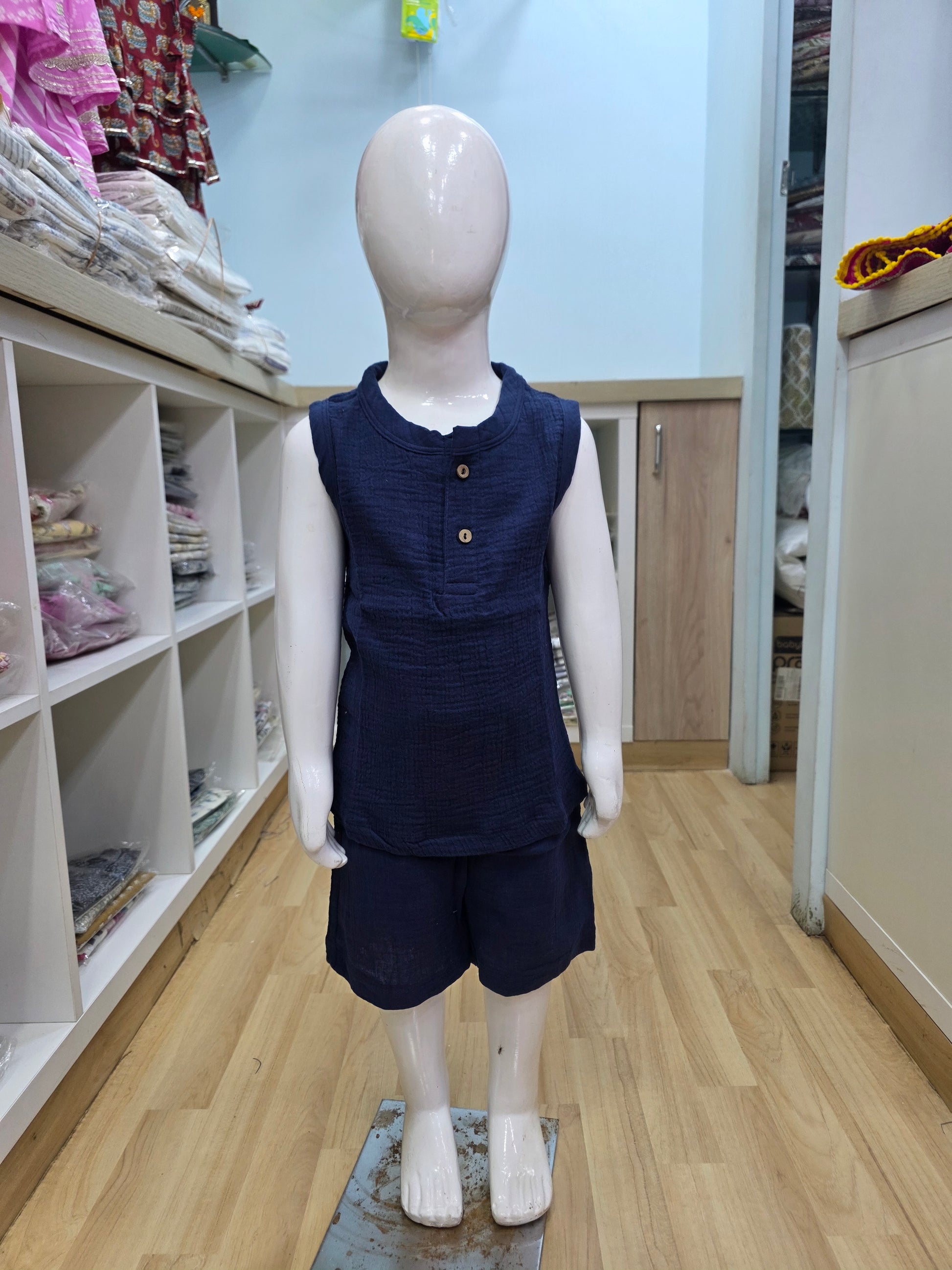 Navy Blue Crinkled Muslin Sleeveless Coord Set