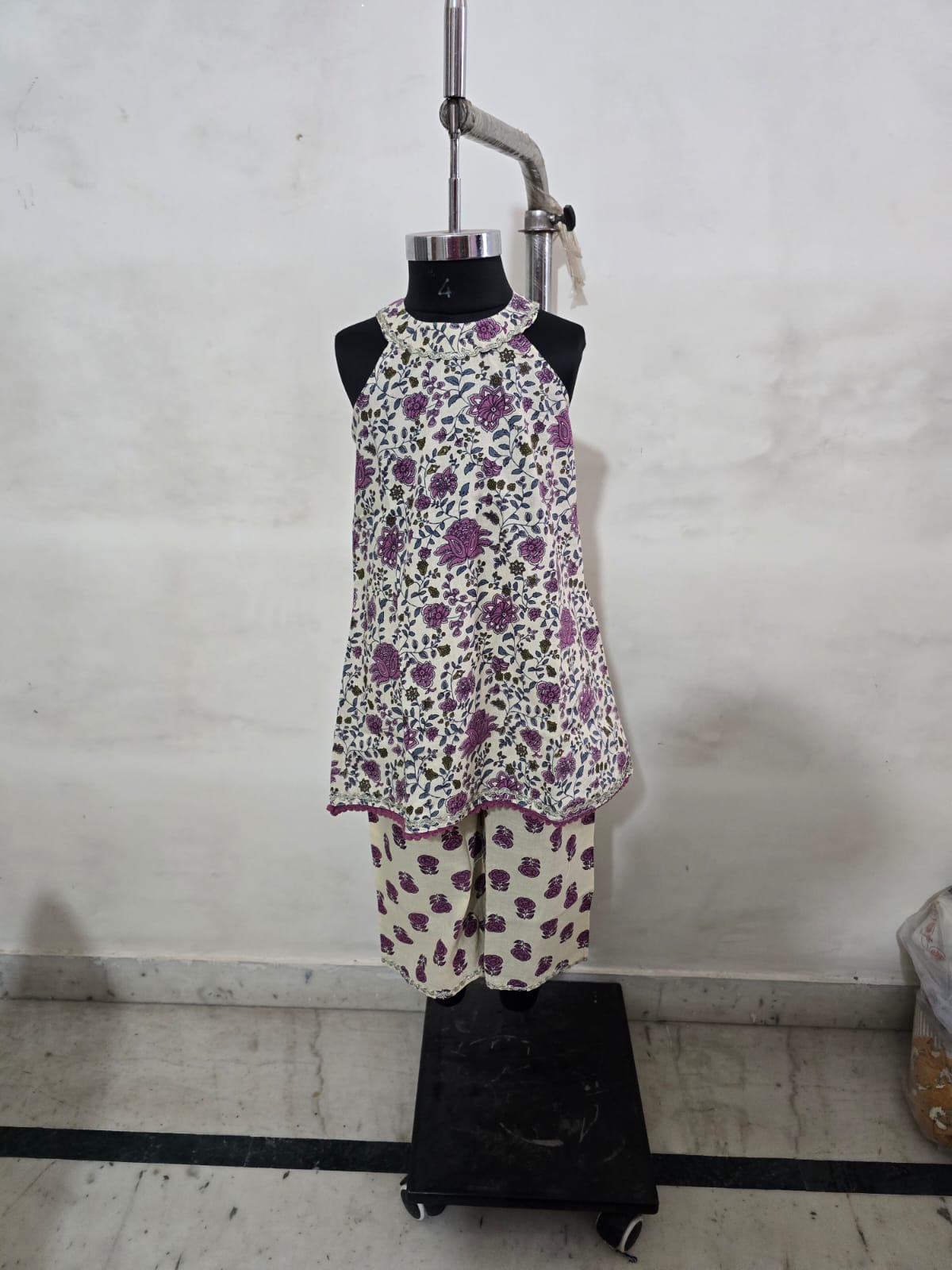 Purple Floral Halter Neck Top With Straight Pants
