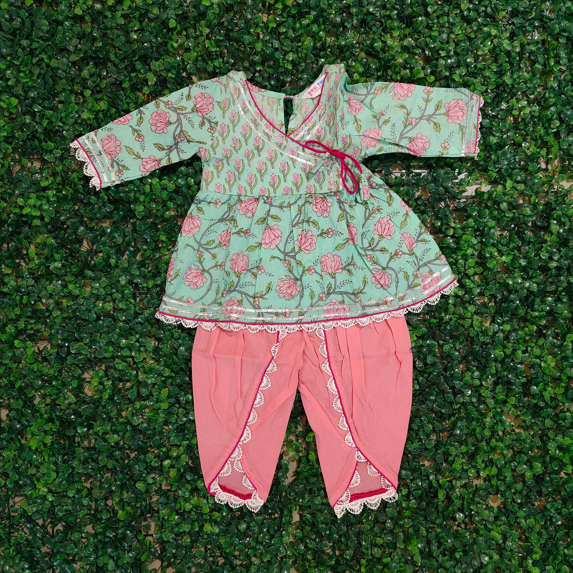 Rama Green Angrakha Top with Pink Dhoti