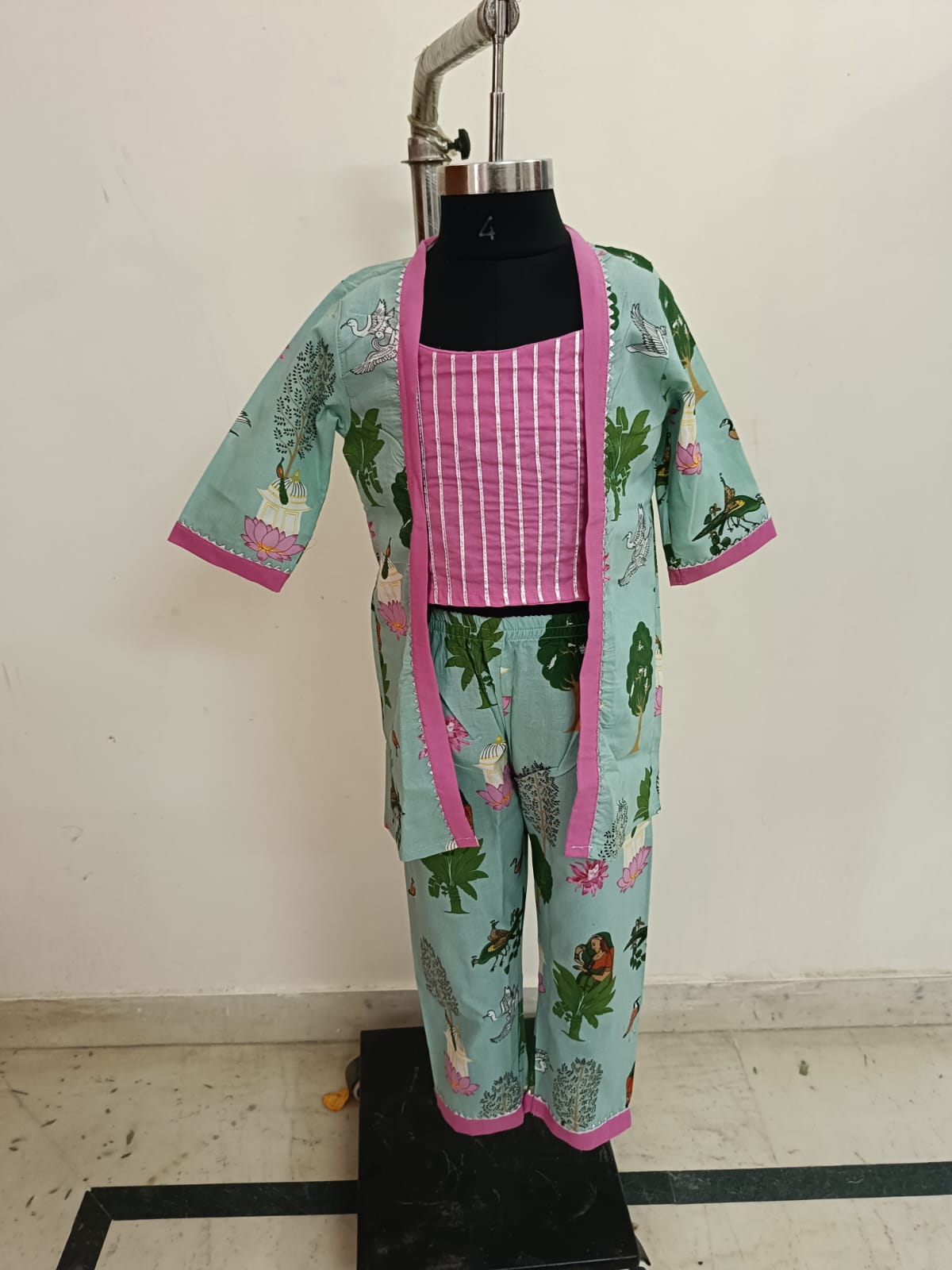 Green Pink Pichhwai Shrug Coord Set