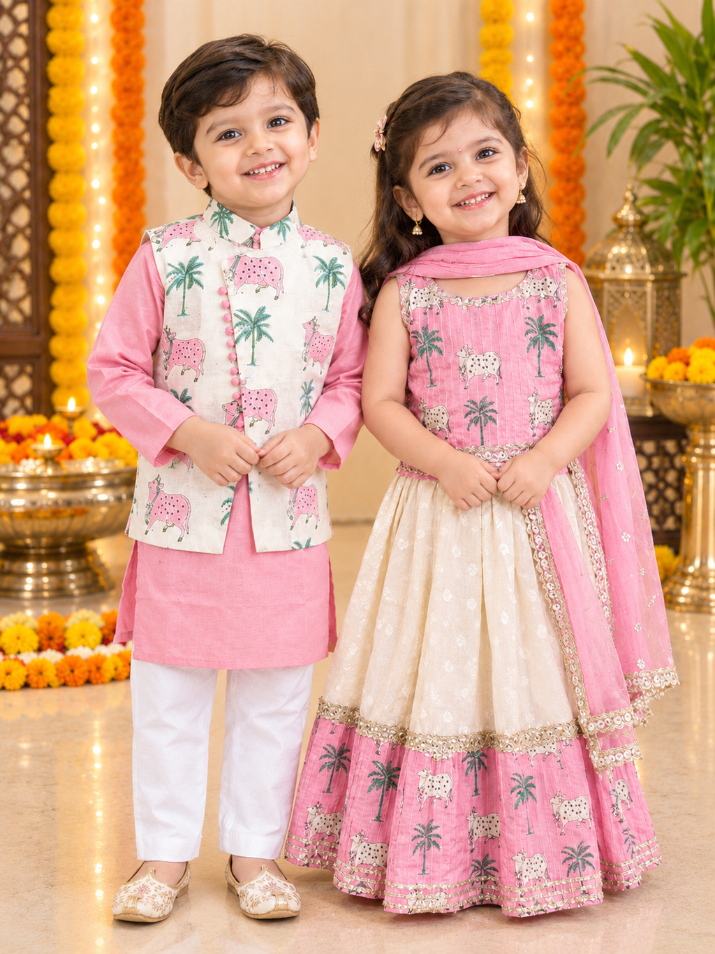 Pink Pichhwai Cross Cut Jacket Set
