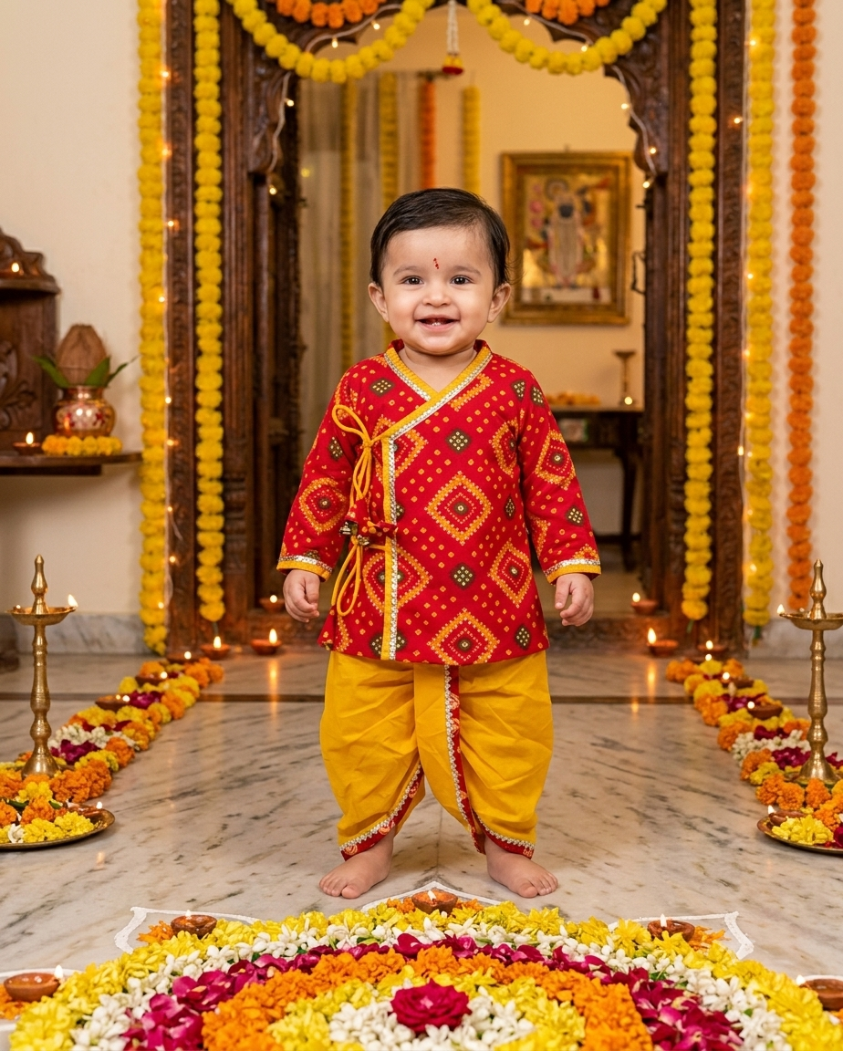 Red Yellow Bandhani Infant Dhoti Kurta
