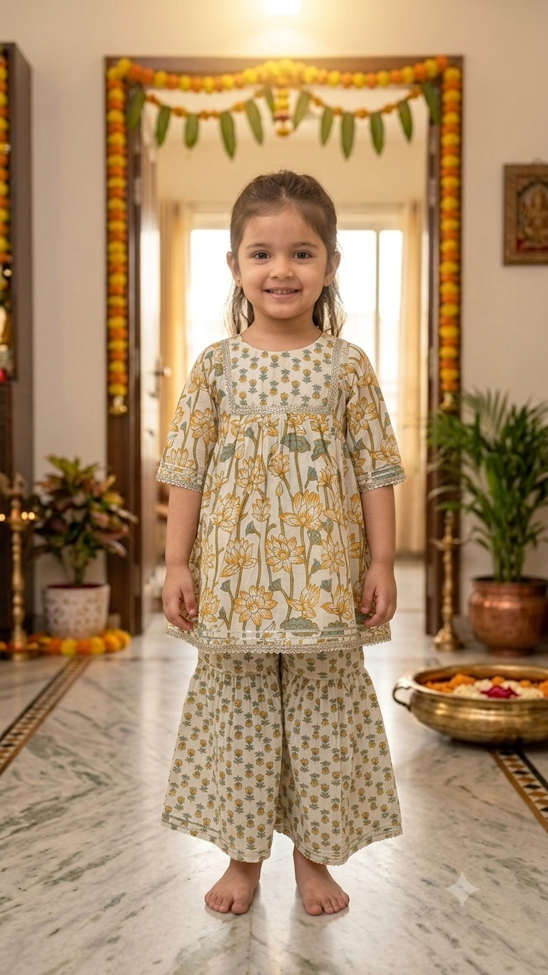 Yellow Lotus Square Yoke Floral Sharara