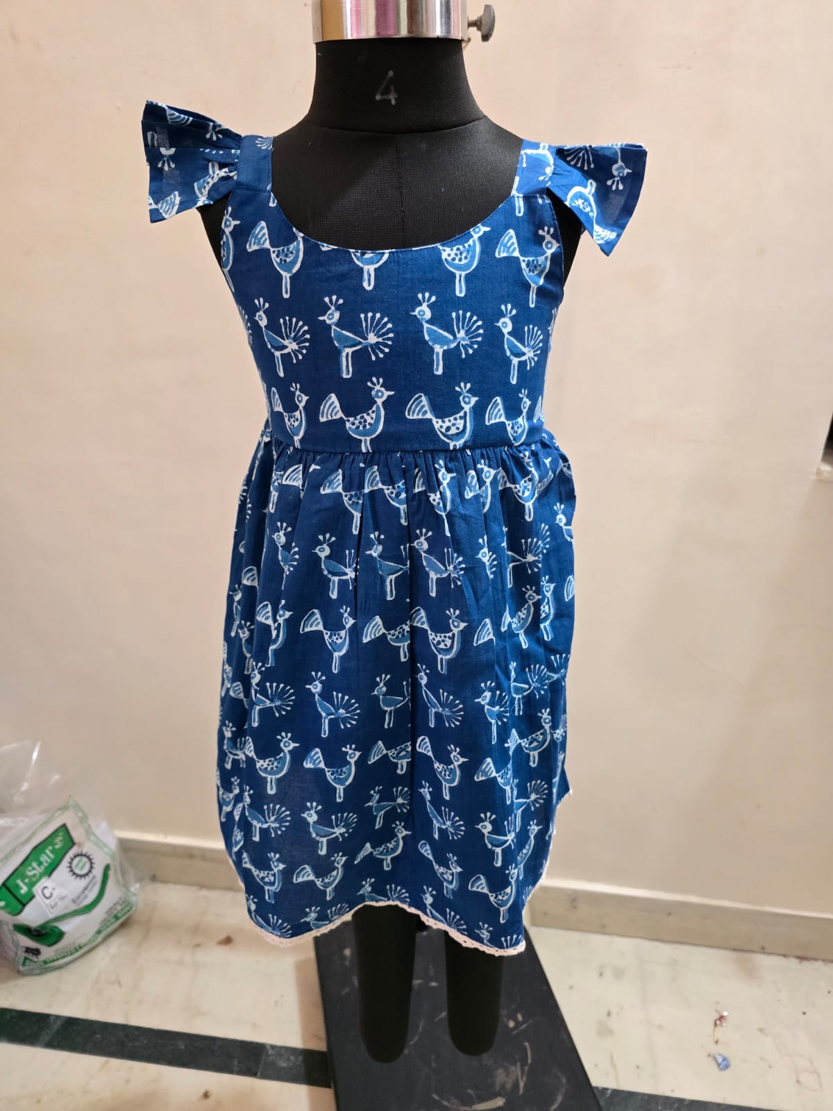 Indigo Peacock Smocked Back Sleeveless Frock