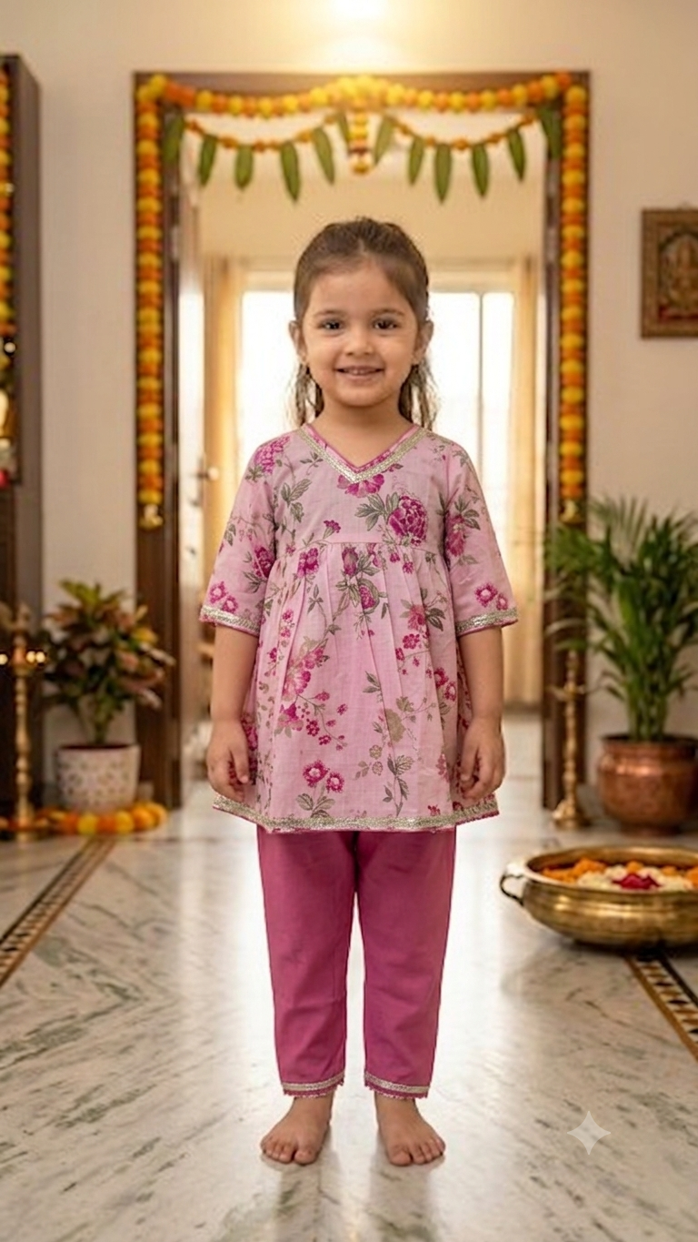 Pink Anarkali Floral Top With Straight Pant Set