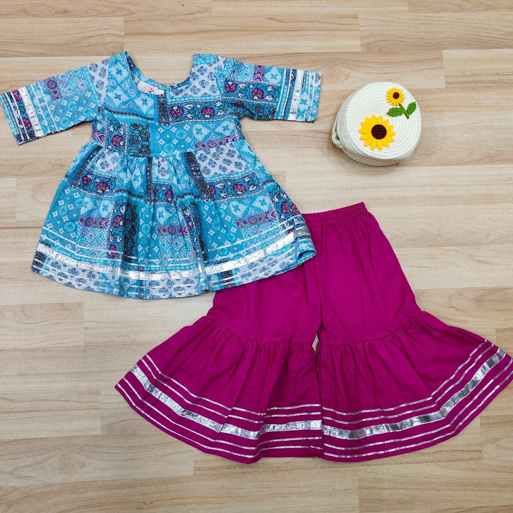 Blue Patches Top Pink Sharara Set