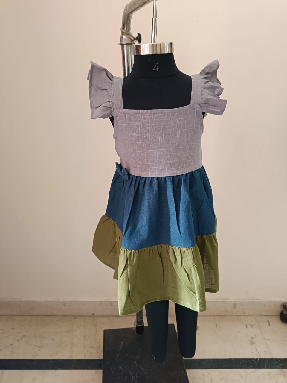 Sleeveless Blue Green Grey Texture Cotton Halter Neck Frock