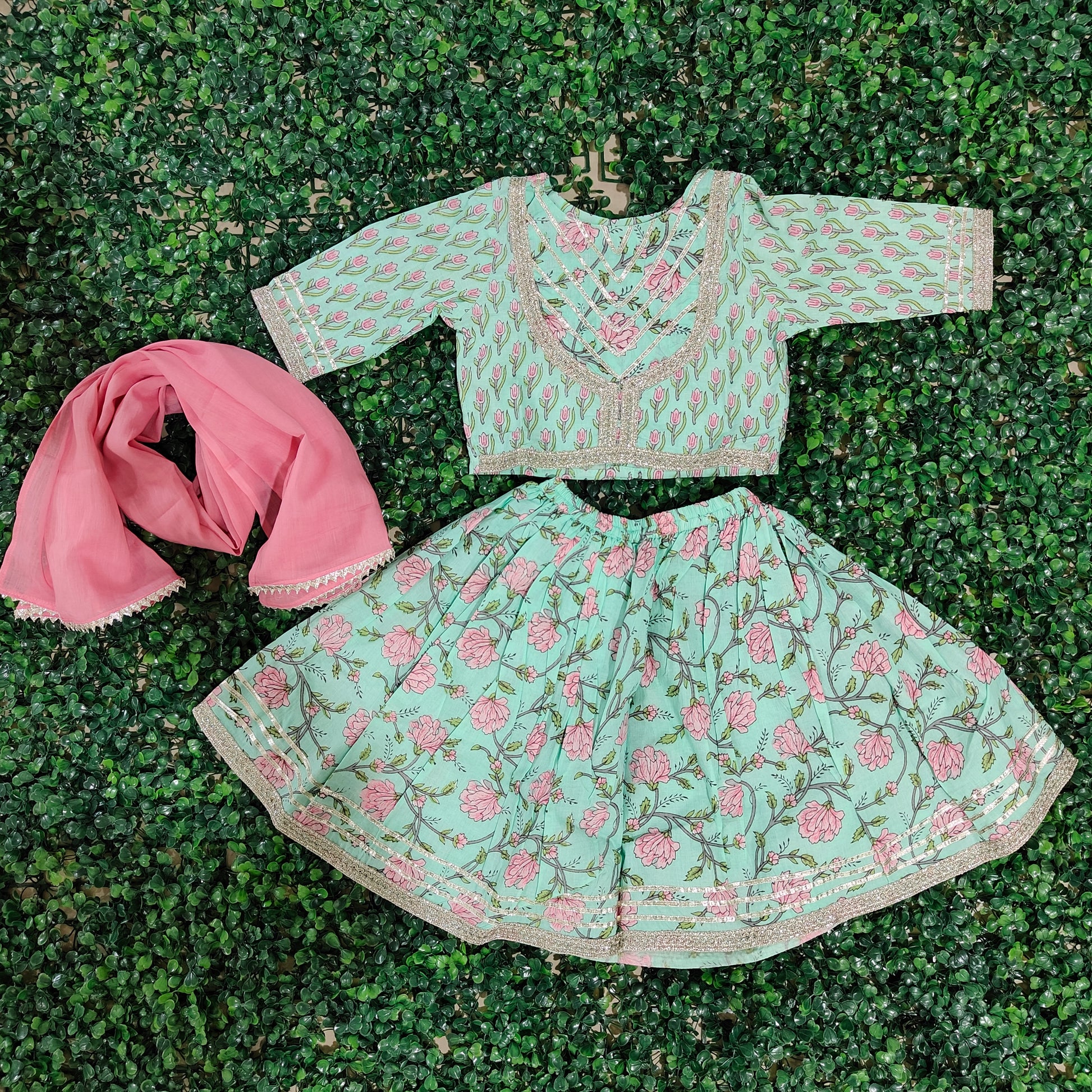 Rama Green Pink Floral Lehenga with Dupatta